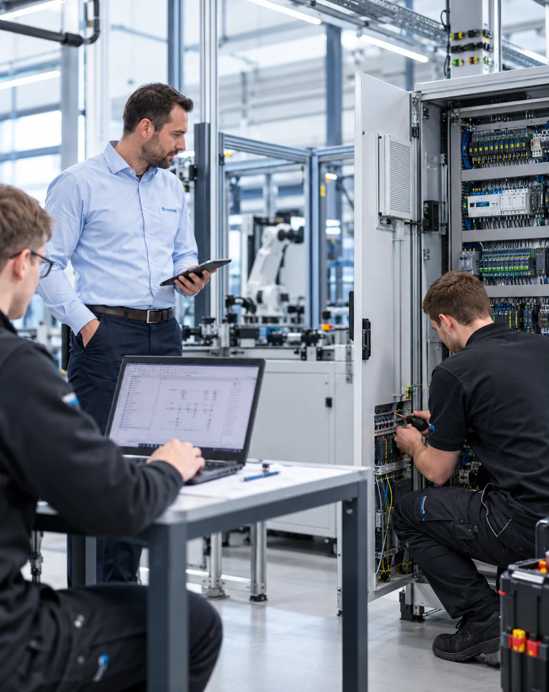 Techniker bei Inbetriebnahme und Messbegleitung am Schaltschrank einer Produktionsanlage