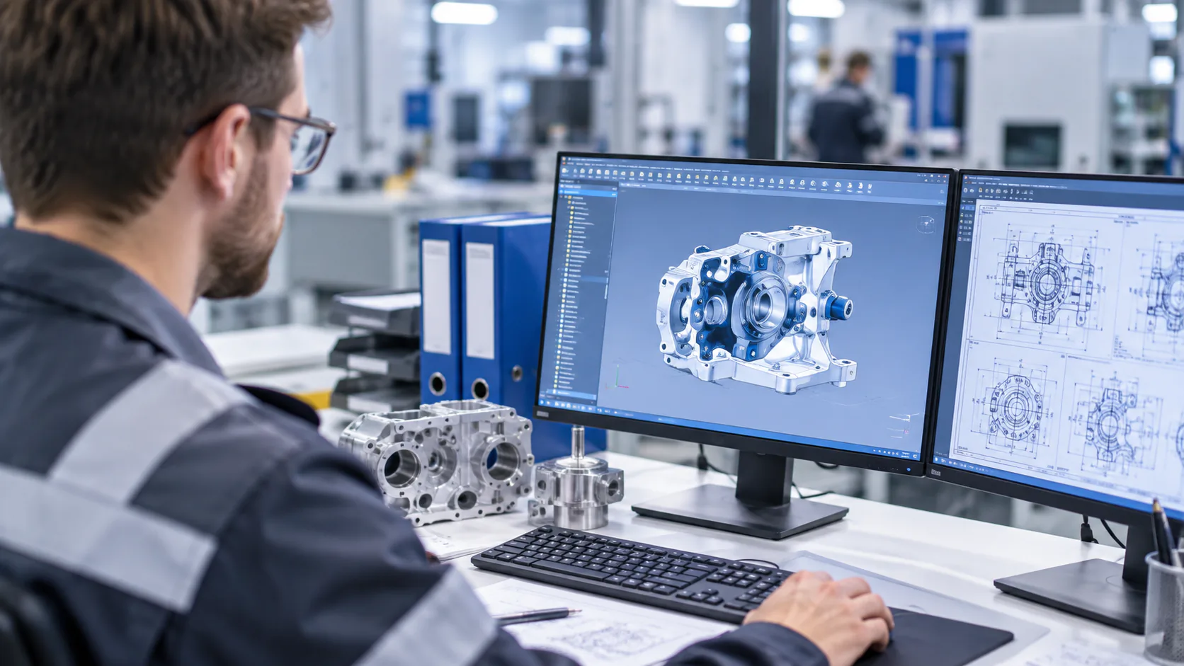 Konstrukteur entwickelt ein kundenspezifisches Gehäuse im CAD, daneben gefräste Prototypbauteile